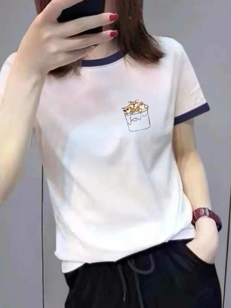 

White Short Sleeve T-Shirt Women's Fashion Brand New 2026 Summer Versatile Color Block Collar Cartoon Print Casual Top