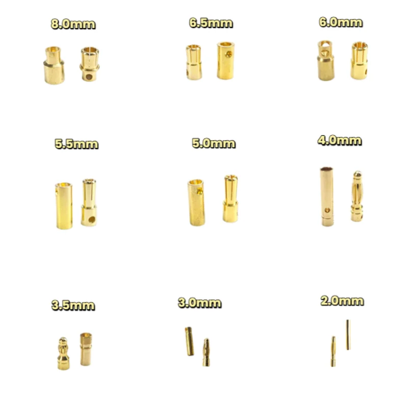 20 Pairs Gold Plated Brass 2/3/3.5/4/5/5.5/6/6.5/8MM Banana Connector Plug Bullet Male Female ESC Lipo RC Battery Plugs