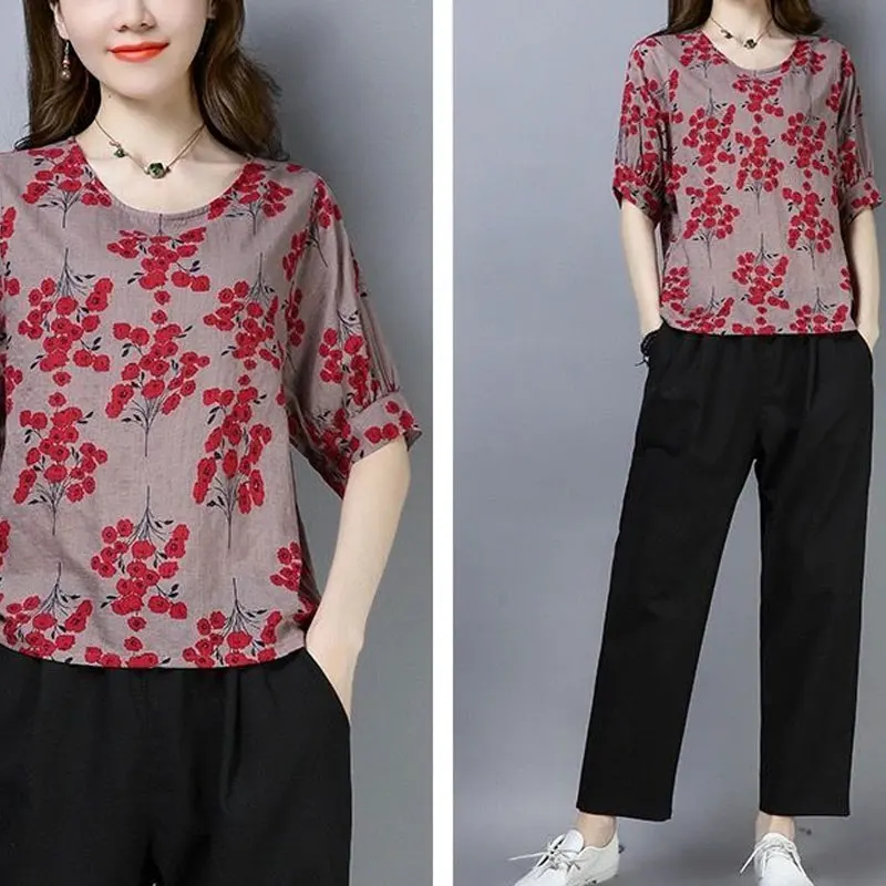 Female Clothing Fashion Round Neck Pullovers Vintage Floral Summer Casual Short Sleeve Commute Patchwork Korean Loose T-shirt