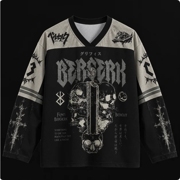 Berserk Men Women Gothic Skull Sword Print Long Sleeve Jersey Shirt Anime Streetwear Oversized V Neck Mesh Top