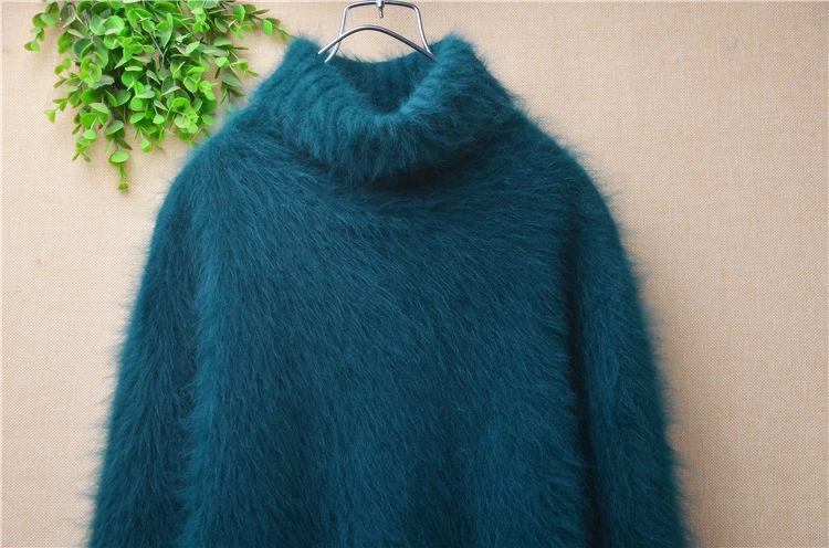 ladies women fashion green fall winter clothing mink cashmere knitted turtleneck split loose pullover angora fur jumper sweater