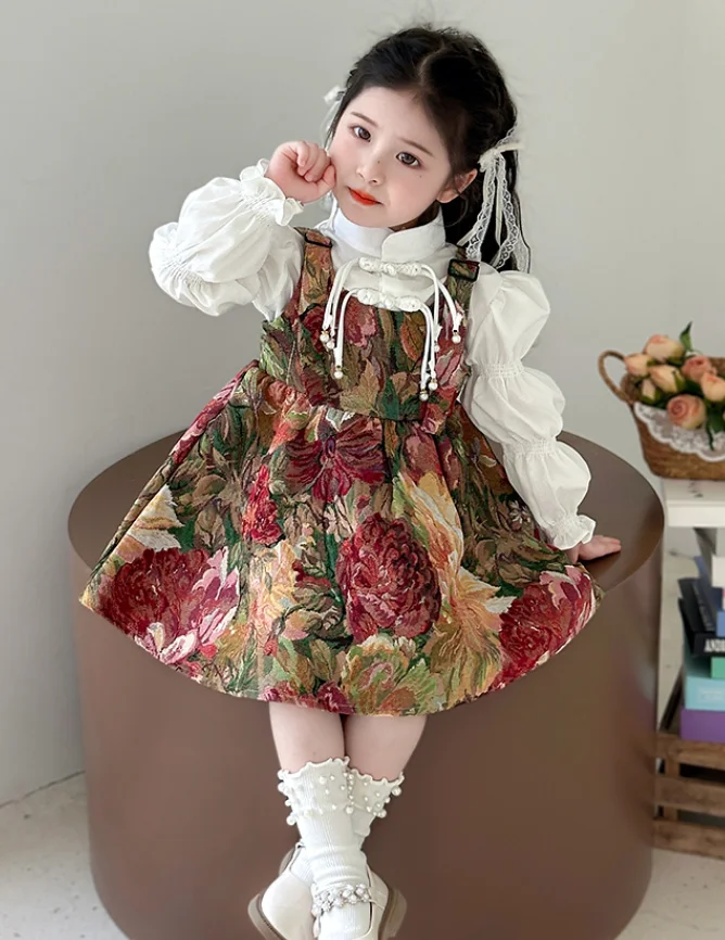 

New Baby Girls Fall Fashion Sets, White Top + Vest Dress Princess Sweet Suits 2-7 T