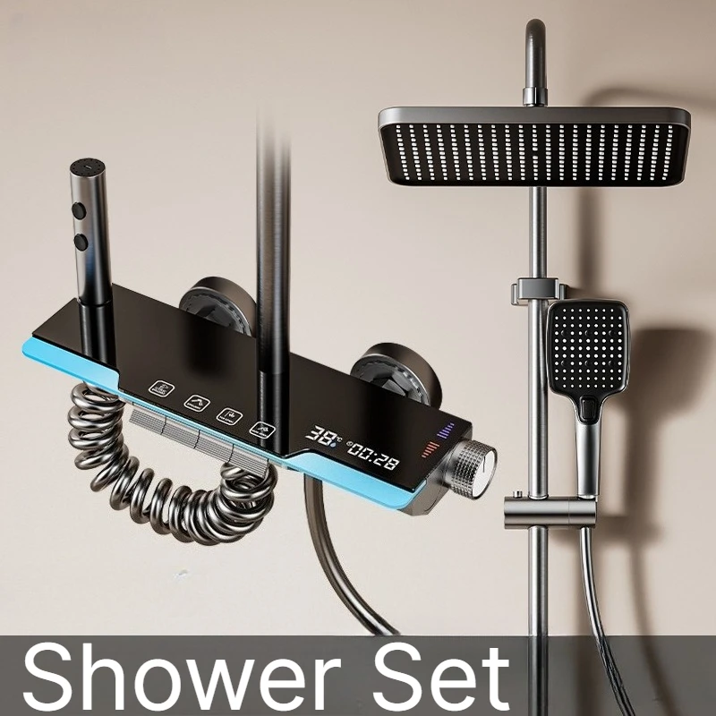 Gun Gray Shower Set With Ambient Light, Complete Bathroom Shower System for Hotel & Household Use
