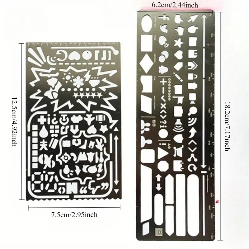 2pcs/set Vintage Portable Stainless Steel Stencils Hollow Ruler Planner Travel Diary Notebook DIY Tool Template Gift Stationery