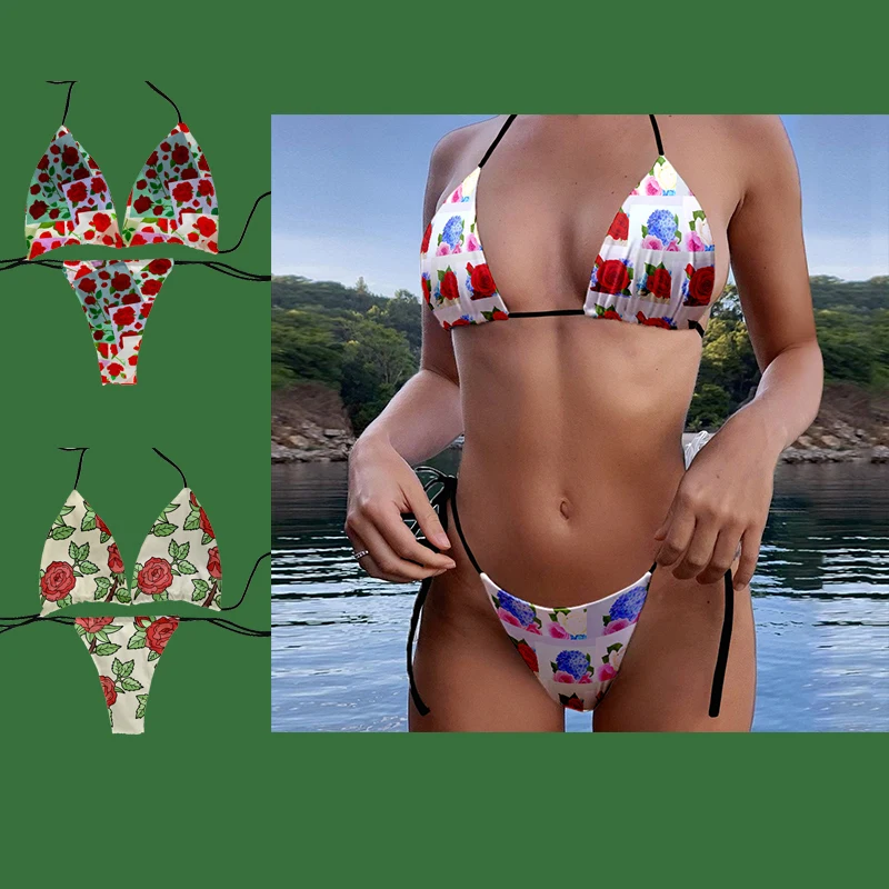 

Fashion rose print swimsuit ladies beach party swimming two-piece summer swimsuit women sexy bikini panties thong