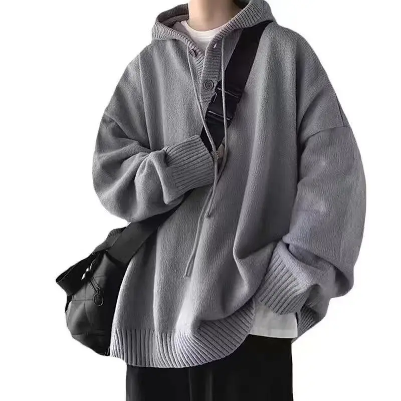 Suéter de punto gris para hombre, jerséis con Cable Harajuku, prendas de punto coreanas, ropa Popular, Top de otoño e invierno, sudaderas con capucha Y2k, jerséis para hombre