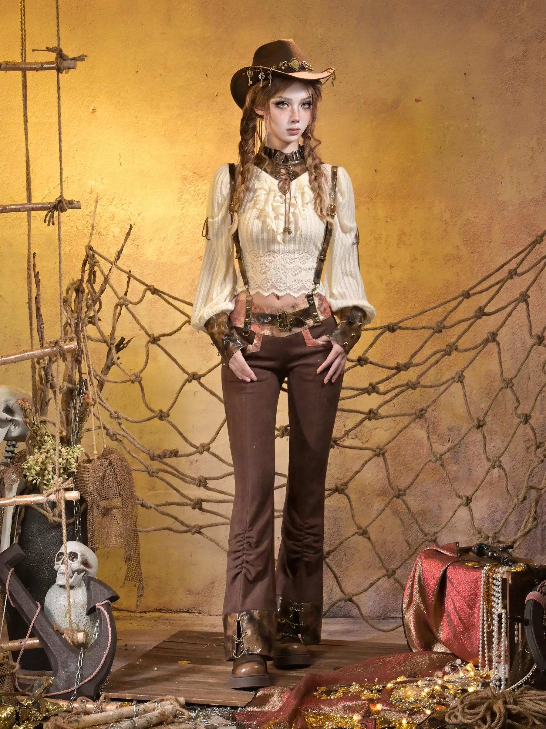 Original Elegant Lolita Cosplay Suit Punk Knitted Stitching Straps Stand-up Collar Lace Top Low Waist Retro Overalls Trousers