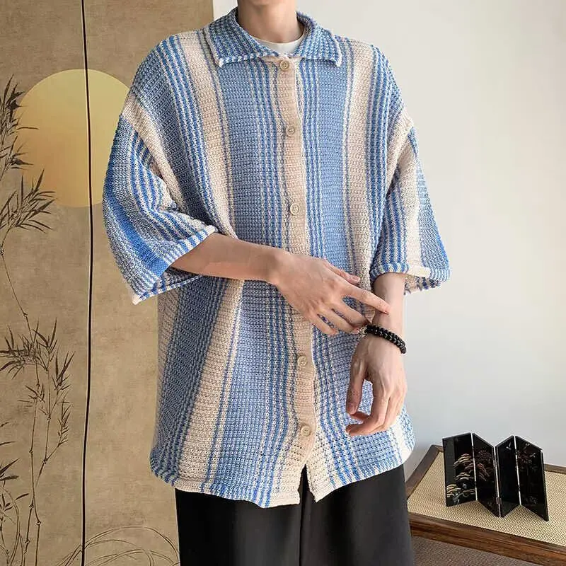 

Loose Fit Men's Short Sleeve Shirt Jacket Summer New Style Knitted Stripe Top American Color Block Collared Outerwear