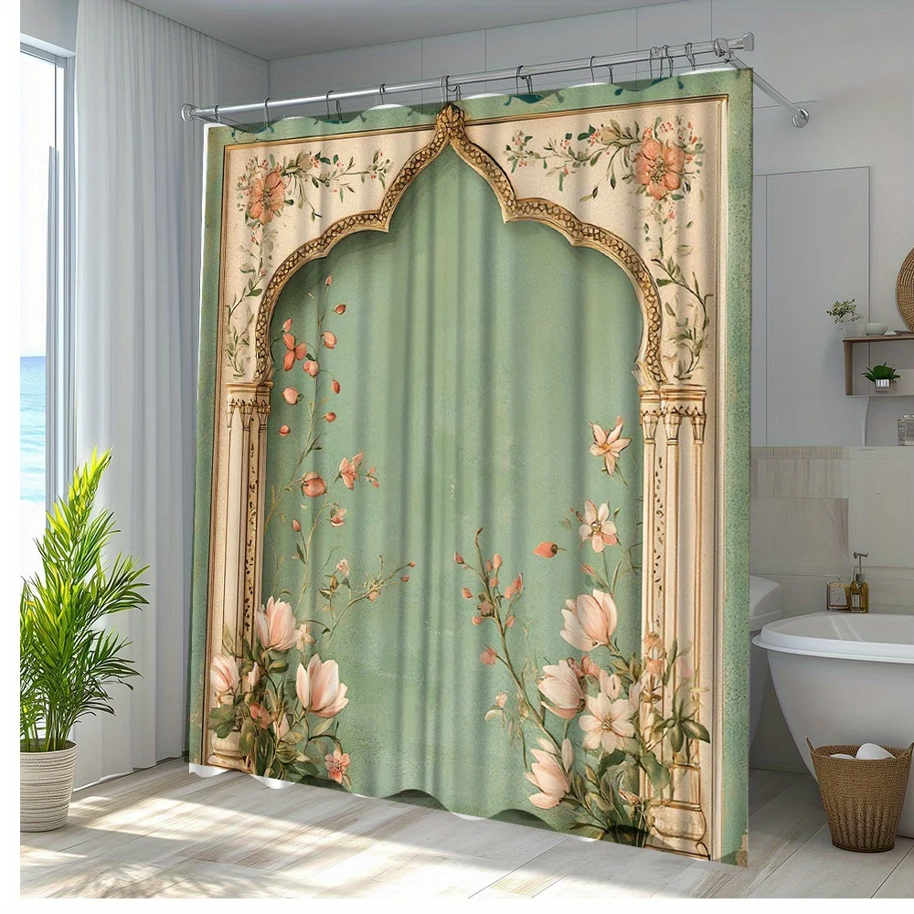 

1pc Floral Arch Design Shower Curtain with Elegant Peony & Blossom Pattern, Mint Green & Golden Accents - Machine Washable