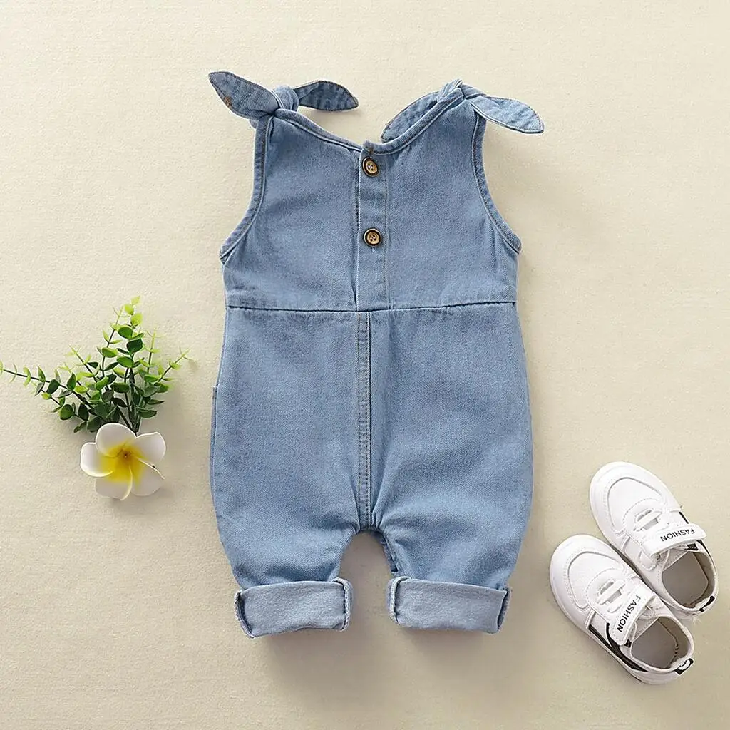 Newborn Baby Unisex Girl Boy Romper Bodysuit Cotton Denim Solid Tether Sling Button Baby One Piece For Baby Girl Boy 0-12 Months