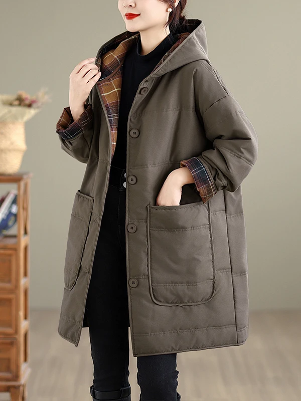 

Зима 2025 г., модное хлопковое джето большого размера в клетку, женское пальто средней длины с капюшоном контрастного цвета в стиле ретро