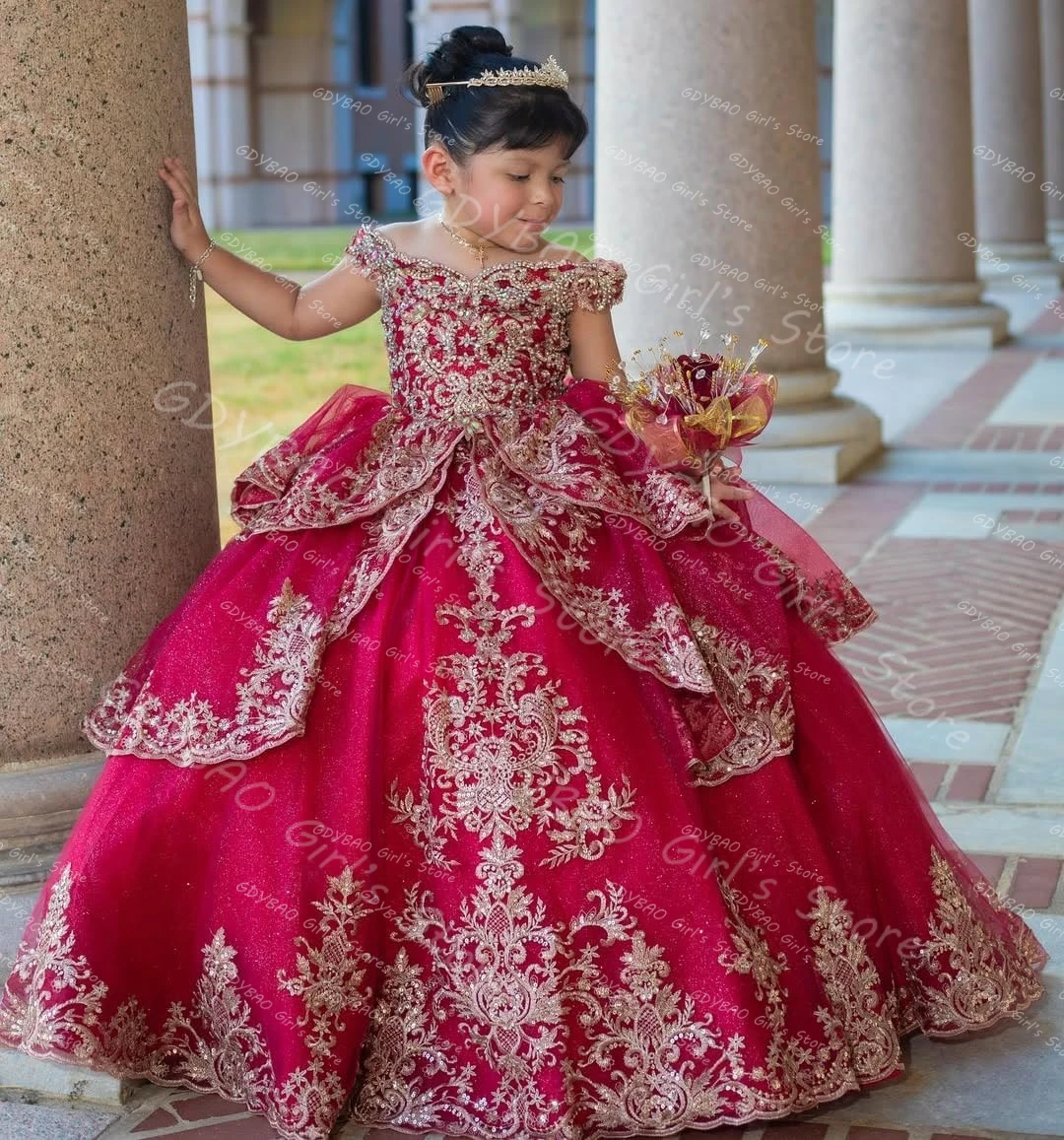 

Sparkly Gold Applique Flower Girl Dress Off Shoulder Kids Ball Gown Pageant First Communion Dress Customized Birthday Party Gown