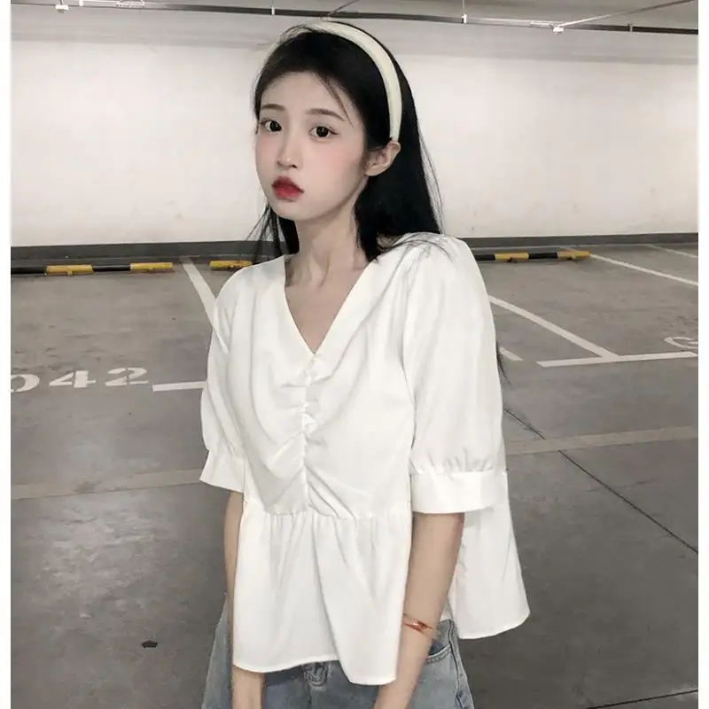 Folds Shirts and Blouses Korea Short Sleeve Top Women 2024 Summer V-neck Sweet Blouses Cute Elegant Solid White Ruffles Clothes