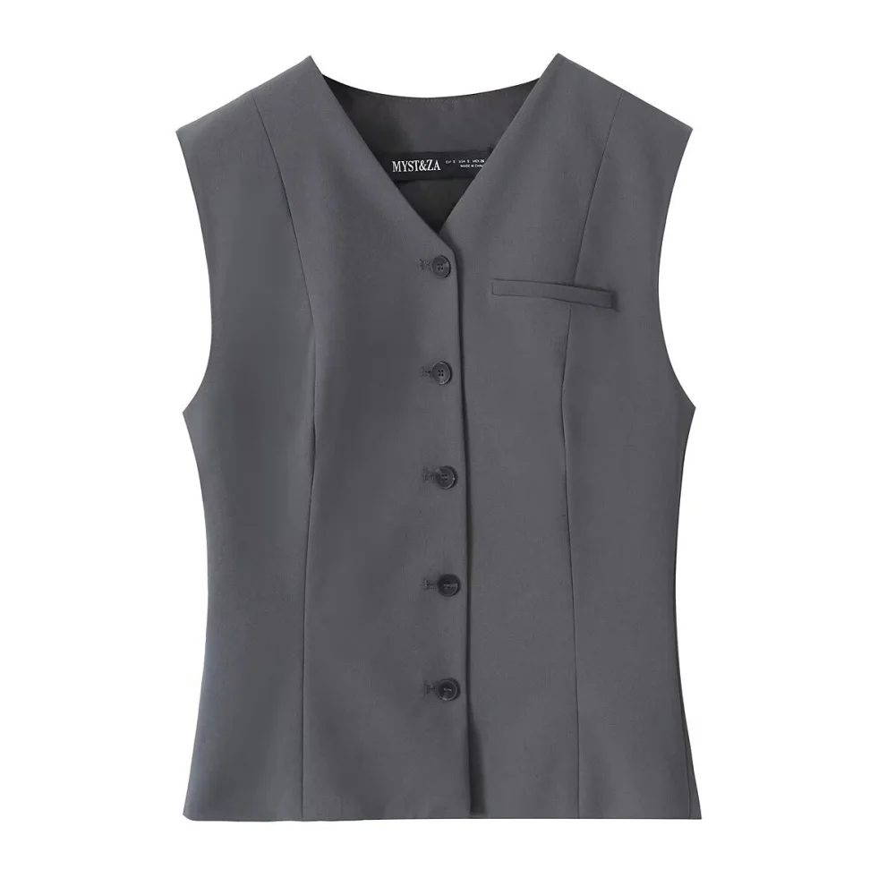 

UNIZERA женский облегающий топ с v-образным вырезом без рукавов и пуговицами, весна/лето, новый стиль, темпераментная майка