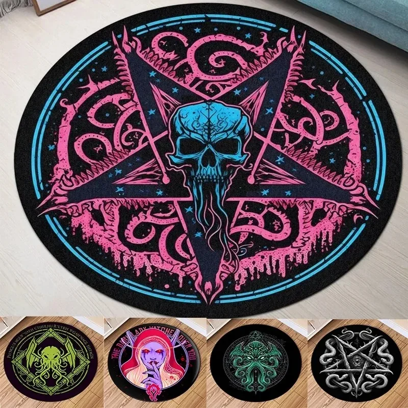 Pentagram Skull Cthulhu Magic Circle Round Rug Witch Gothic Rock Interior Mystic Blue Pink Hell Decoration