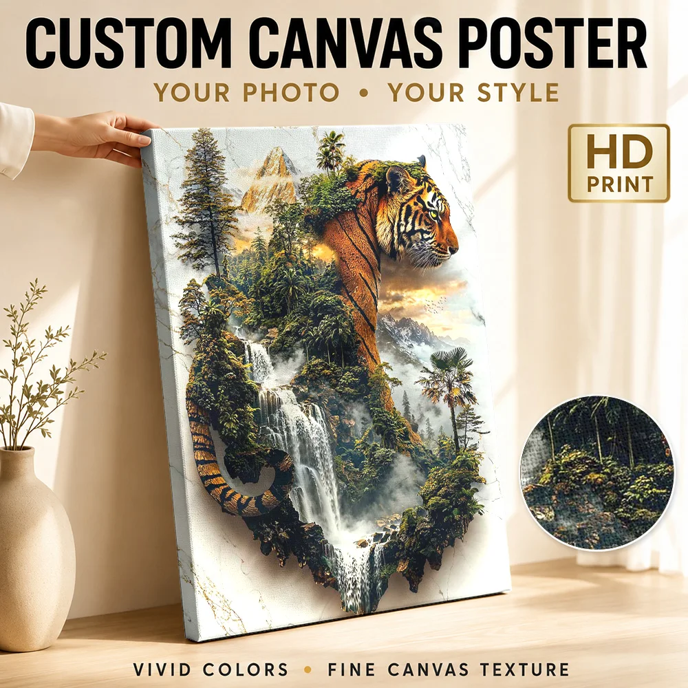 Tiger Silhouette With Jungle Waterfall Canvas Print Customized Photo Double Exposure Wall Art For Games Room, Animal Lover Gift