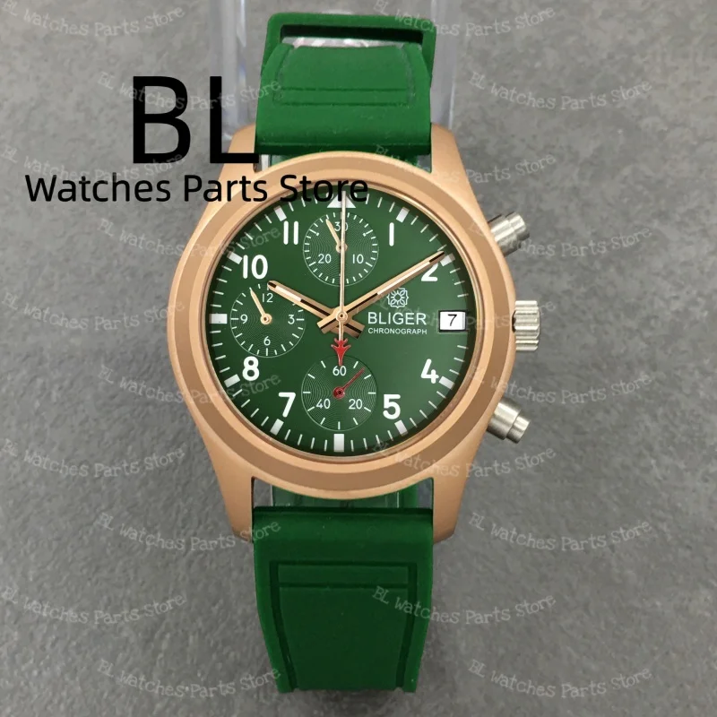 BLIGER 38mm Green Rose Pilot Chronograph Uhr VK67 Multifunktions-Saphir Wasserdicht Relógios Masculino Gummi-Lederarmbänder