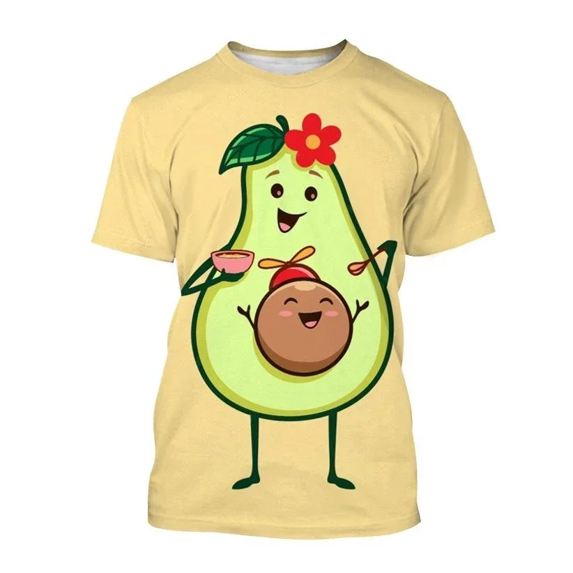 Summer new fashionable avocado cartoon 3D printed T-shirt for men and women, summer casual short sleeved personalized fruit top