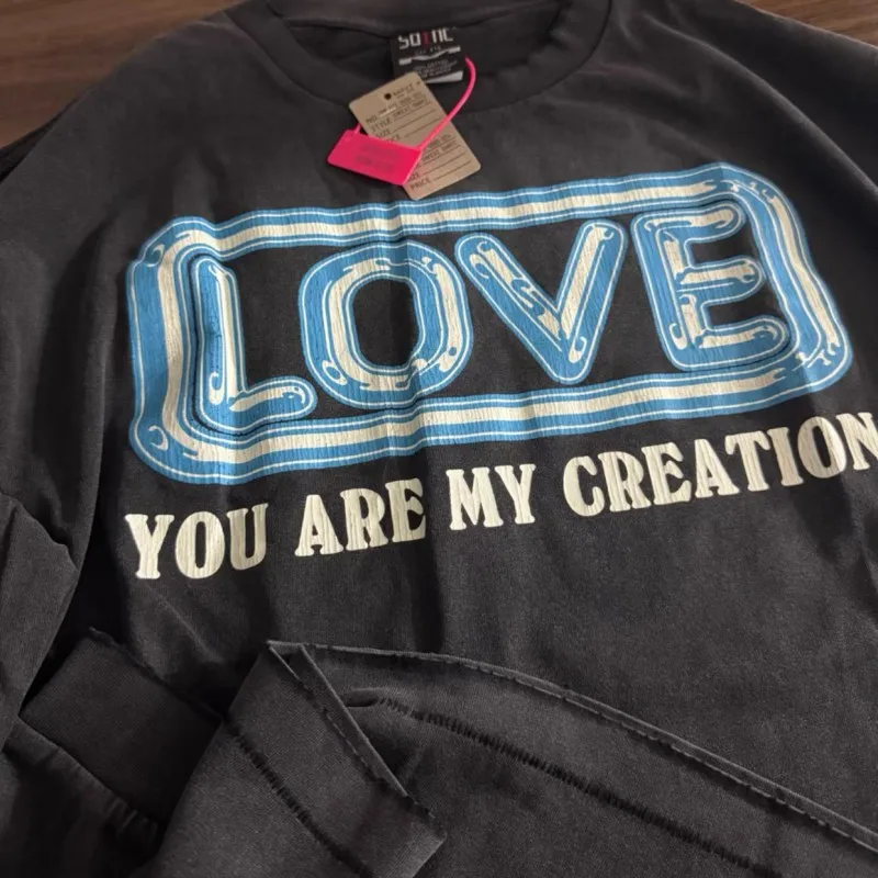 

Hiphop Street Vintage Distressed Black Men Women Saint Long Sleeve T-shirts Love Folding Paper Crane Pattern Crack Print Tops