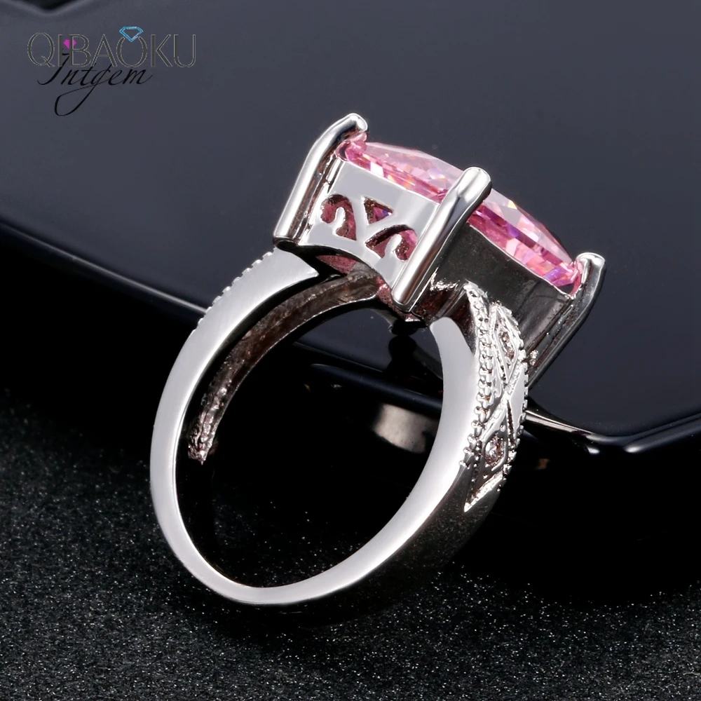 Silver Jewelry Cubic Zirconia Rectangle Pink Cushion Stone Rings Geometric Ring for Women Bridesmaid Wedding Party Gift Ring