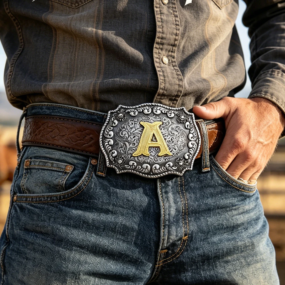 Vintage Western Initial Belt Buckle A-Z Personalized Gold Letter Zinc Alloy Cowboy Rodeo Accessories for Men Women Daily Wear