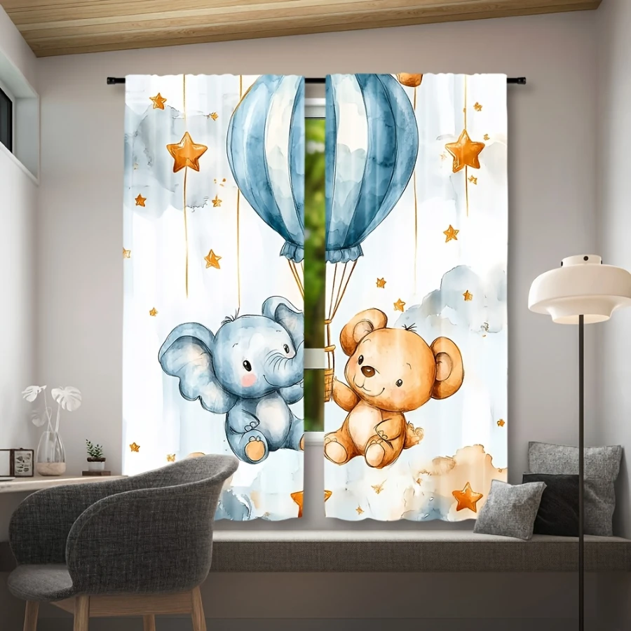 2PCS Digital Print Curtain, Elephant Bear Hot Air Balloon Pattern, Watercolor Dreamy Nursery for Baby Kids Bedroom Home Decor