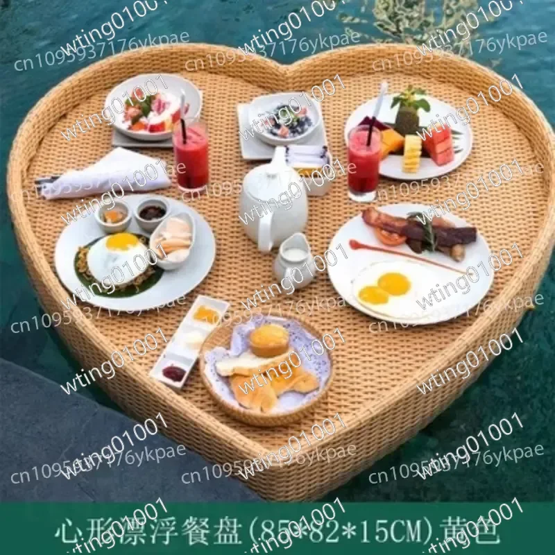 for B&B Hotel Villa Wicker Floating Breakfast Tray Poolside Afternoon Tea Service Waterproof Rattan Basket for Water Dining