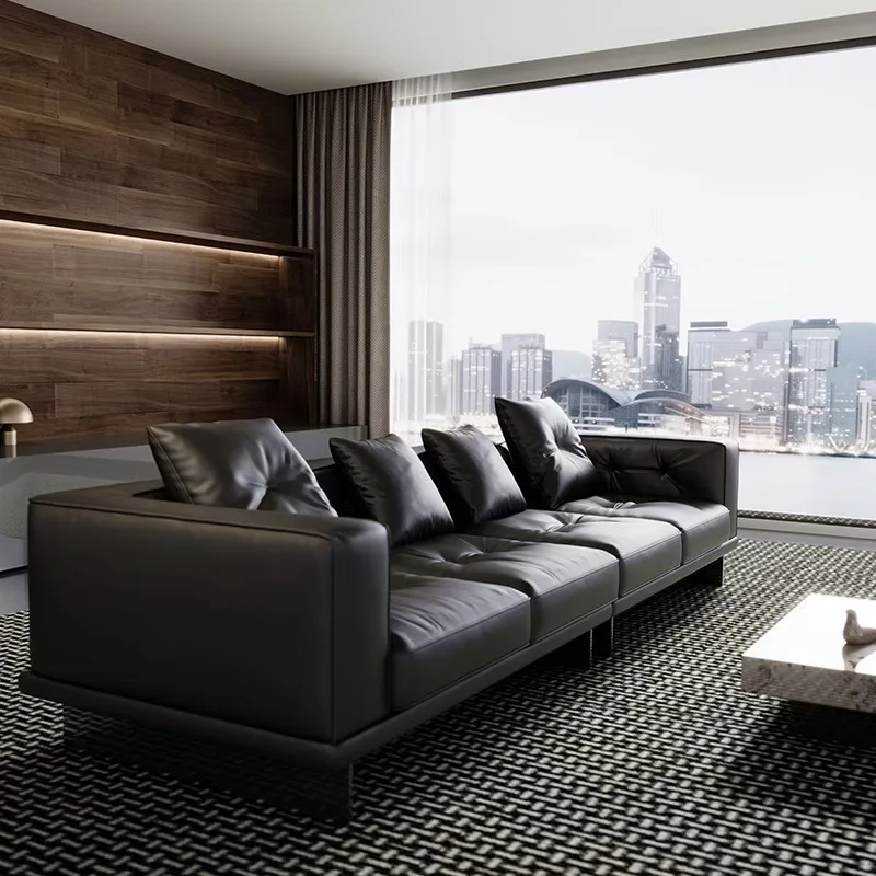 Italian minimalist new Dylan leather sofa light luxury living room first layer cowhide straight row three four people leather so