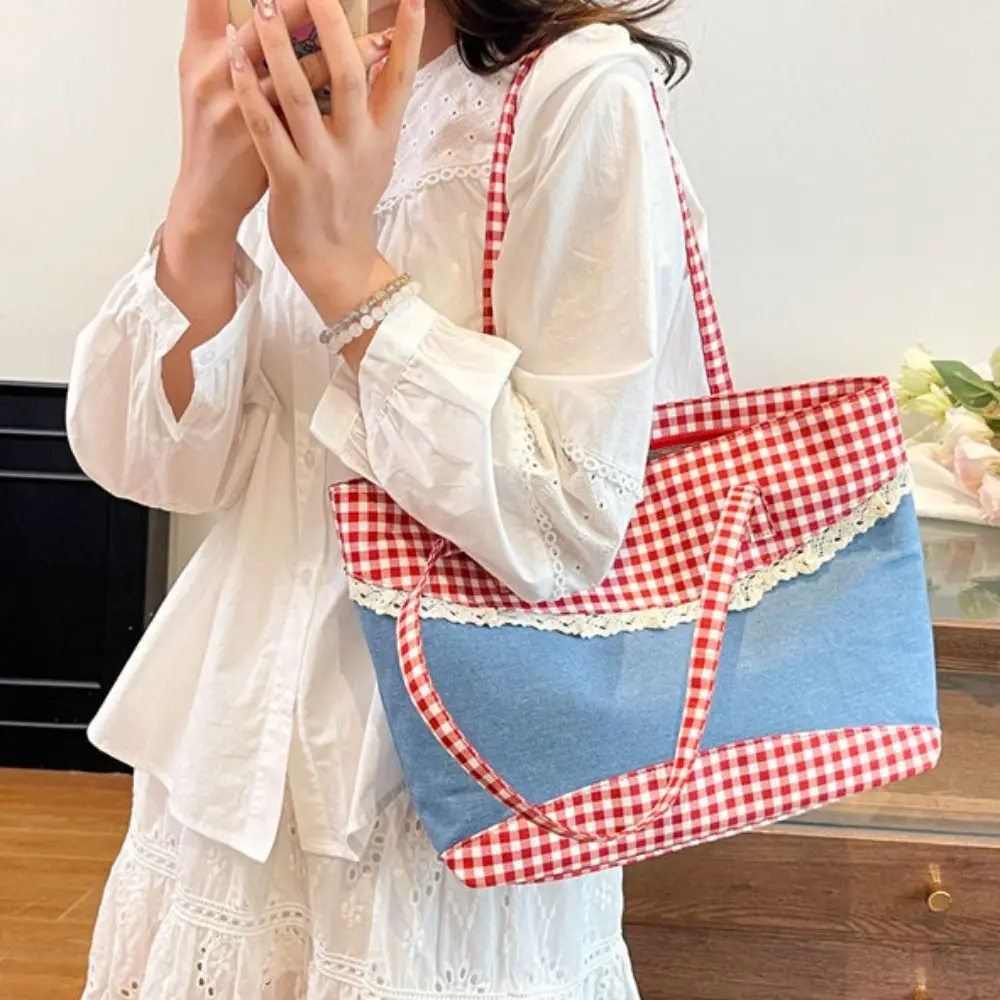 

Portable Lattice Lace Bow Shoulder Bag Lovely Rural Style Denim Plaid Handbag Leisure Vintage Commuting Tote Bag Gifts