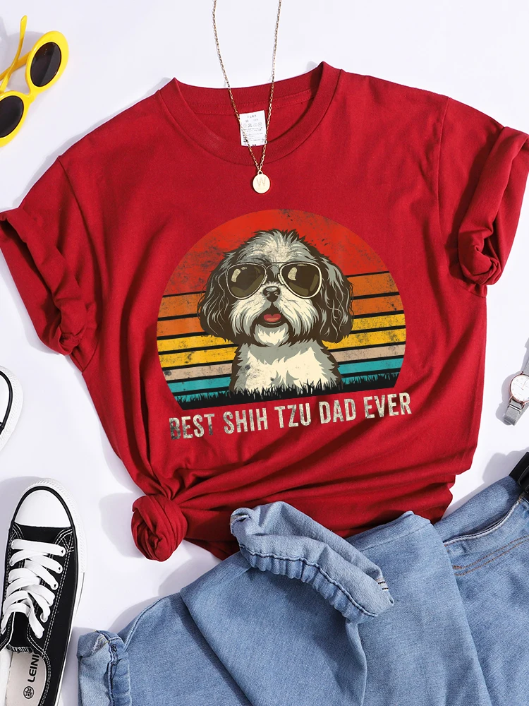 최고의 Shih Tzu Dad Ever Kawaii 여성 티셔츠, 통기성 캐주얼 티셔츠, 패션 크롭탑 만화 S-Xxxl 여성 티셔츠, 여름