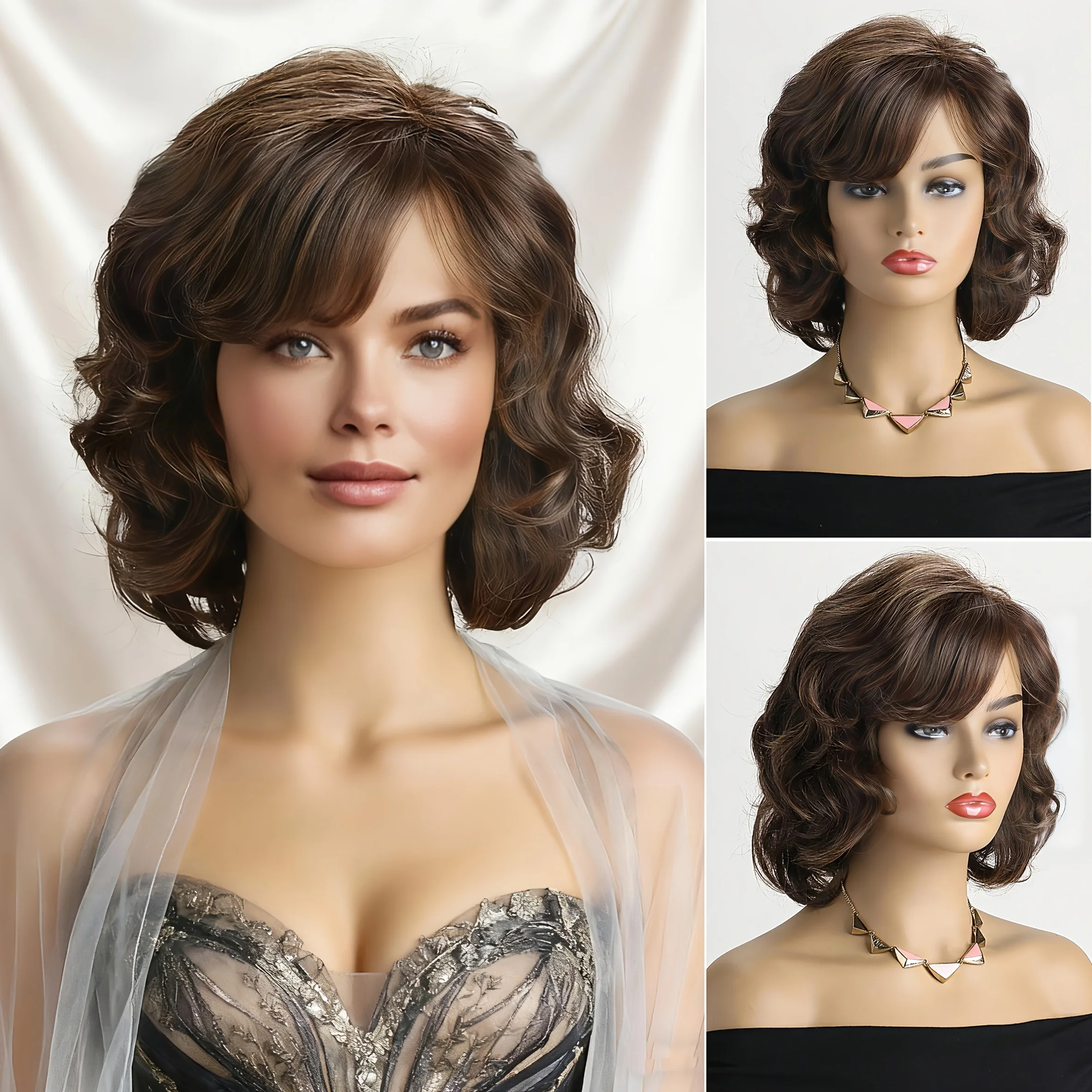 

Элегантный и объемный короткий вьющийся парик для женщин среднего возраста, темно-коричневая женская синтетическая шапочка для парика с высококачественной внутренней сеткой.