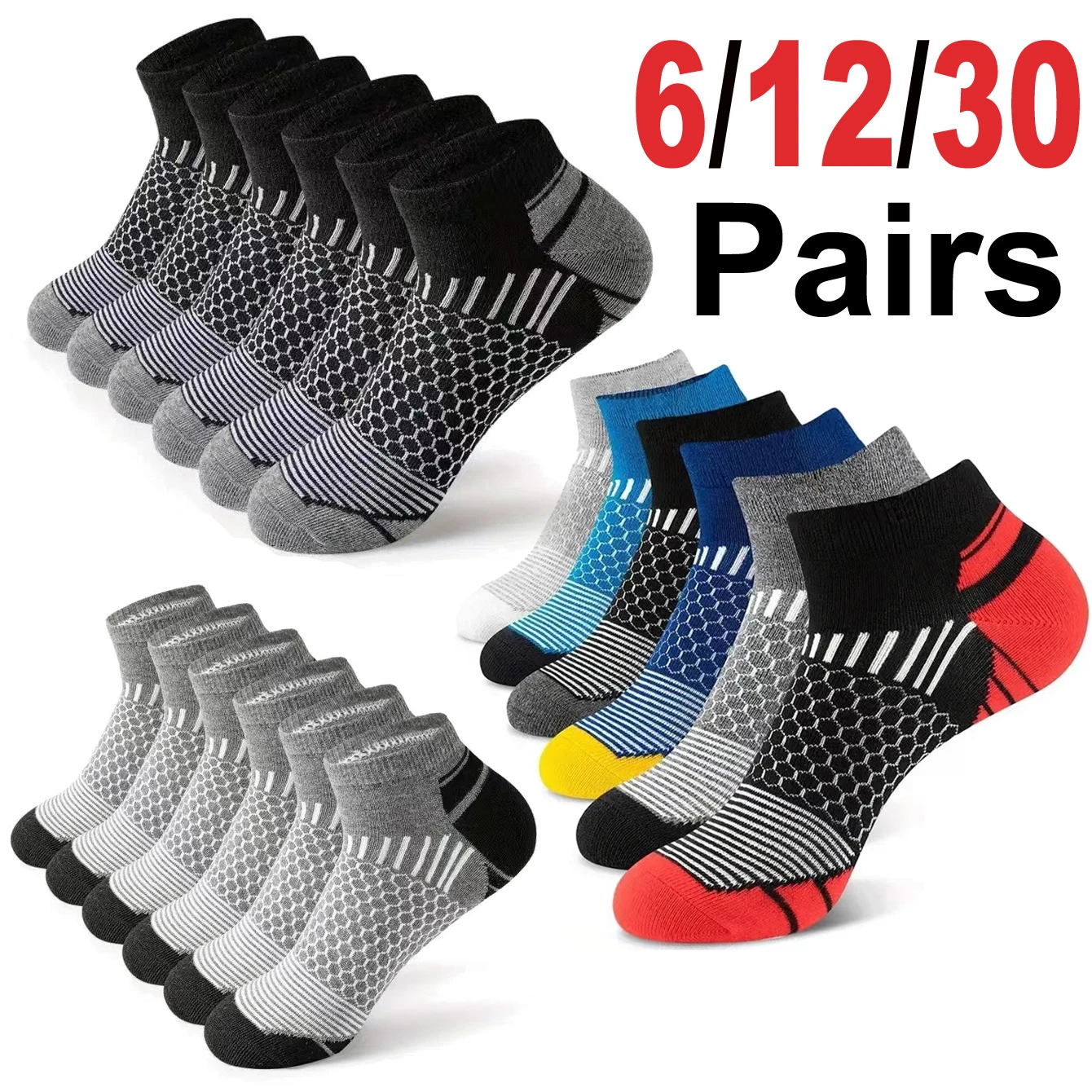 

12 Pairs Men's Honeycomb Mesh Ankle Socks Multicolor Cloudsoft Cushioned Breathable Sweat Wicking Nonslip Trendy Daily Sport Soc
