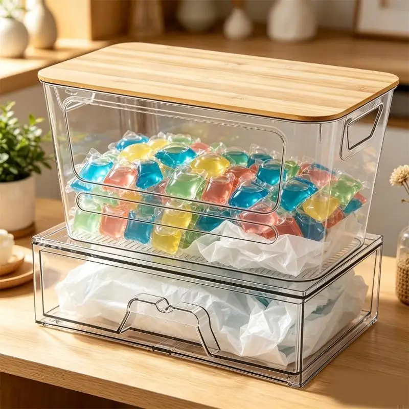 Kunststoff-Aufbewahrungsbox für Waschkapseln und Abfallsäcke mit sichtbarer Platte und unterteiltem Layout-Design B03E – Detail 8