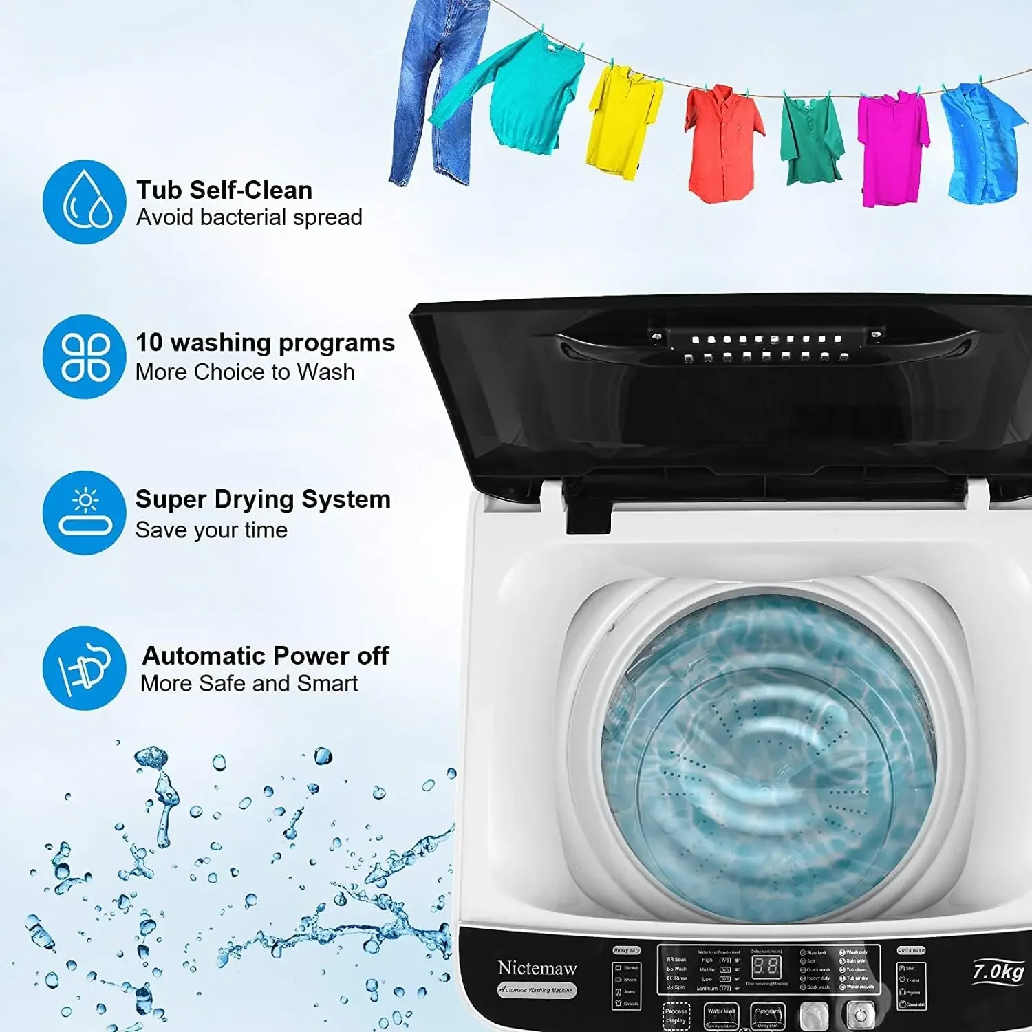 Portable Washing Machine, 17.8Lbs Capacity Full-Automatic Portable Washer, 2.4Cu.ft Washer and Dryer Combo with Drain Pump, 10 P