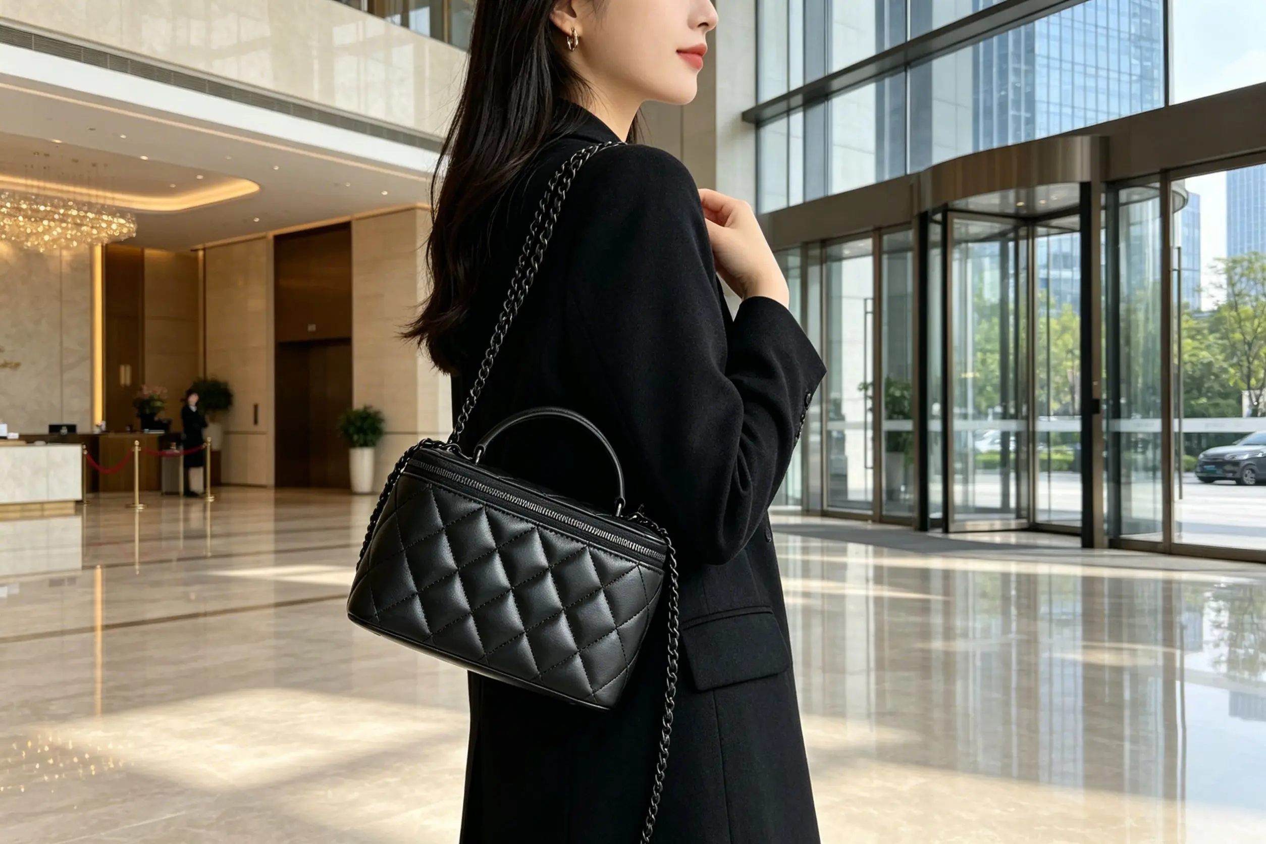

Women's Quilted Leather Vanity Bag Black Chain Crossbody Bag Top Handle Cosmetic Organizer Purse