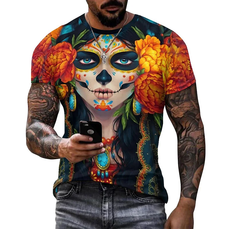 Mexican Skull Day of The Dead Graphic T Shirt for Men Womens Graffiti Clothing Horror Goth T-shirts Fashion Streetwear Tops Tees