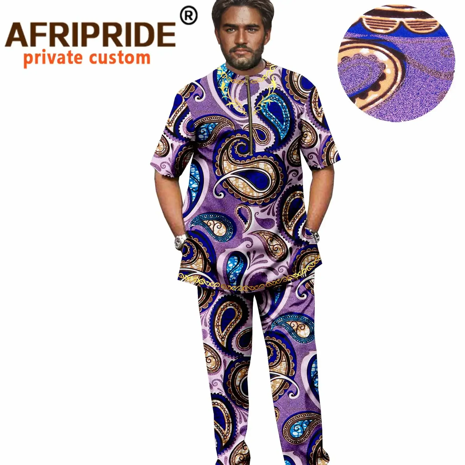 African Clothing for Men Embroidery Print Shirts and Pants Set Crop Top Blouse Wax Cotton Bazin Riche Tracksuit Clothes A2116002