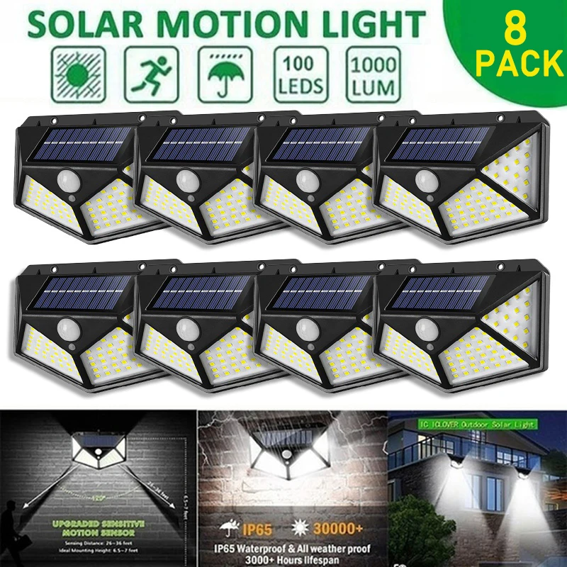 

100LED Solar Wall Lights Outdoor Waterproof Garden Spotlight With Motion Sensor For Backyard Fence Patio