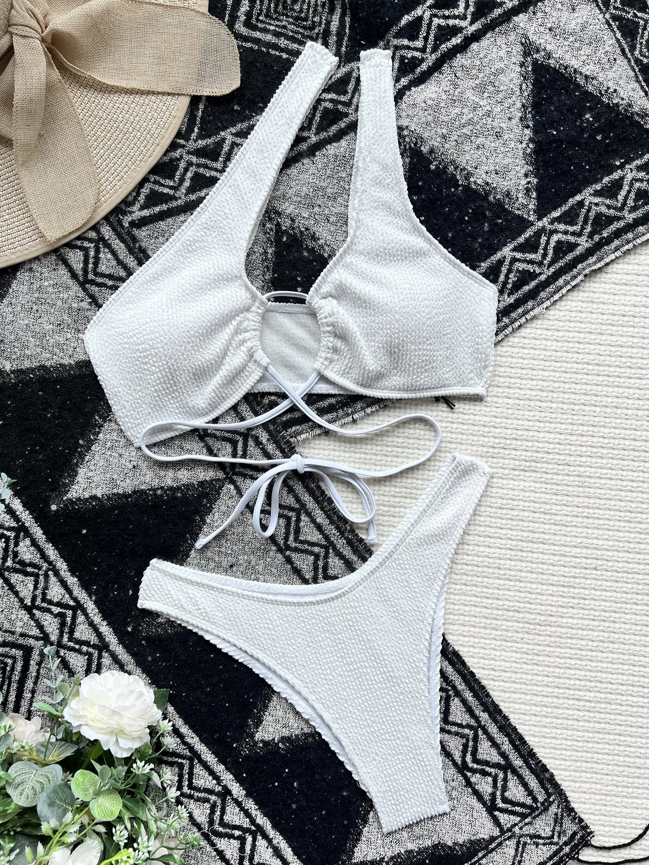 sexy white ribbed irregular one shoulder bikinis sets two pieces thong swimsuit swimwear women beach outfits biquini tankini