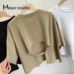 Summer Vintage Women's Short Sleeve Tee Korean Casual Backless Overside T-Shirt Round Neck Short-Sleeved Crop Tops Y2k Brown Top