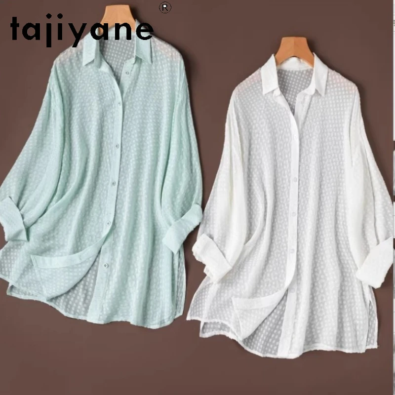 

TAJIYANE 100% Mulberry Silk Shirt Women Mid Length Oversize Shirts Semi Perspective Spring Tops Woman Clothes 2026 рубашка