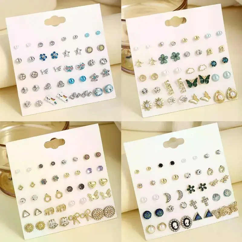 18/20 Pairs Women Colorful Acrylic Crystal Small Stud Earring Set Heart Star Flower Moon Crown Jewelry Gift Jewelry Making