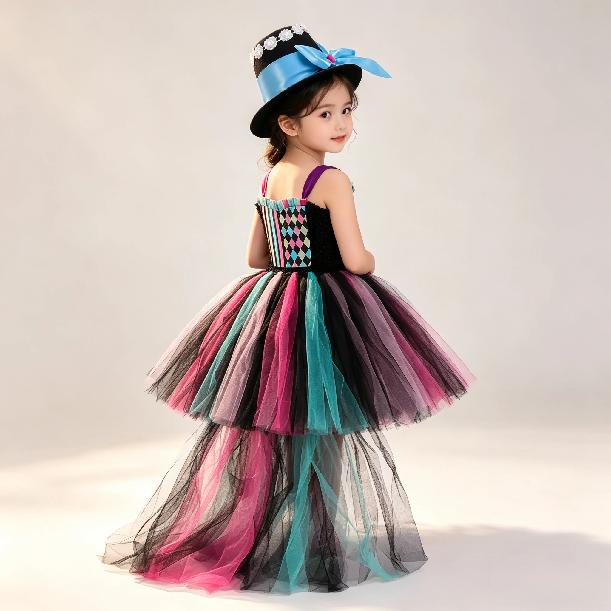 Tulle Tutu Dress Set With Matching Hat Trailing Hem Black Mesh Gown Vintage Fluffy Skirt For Stage Show Themed Party Occasions