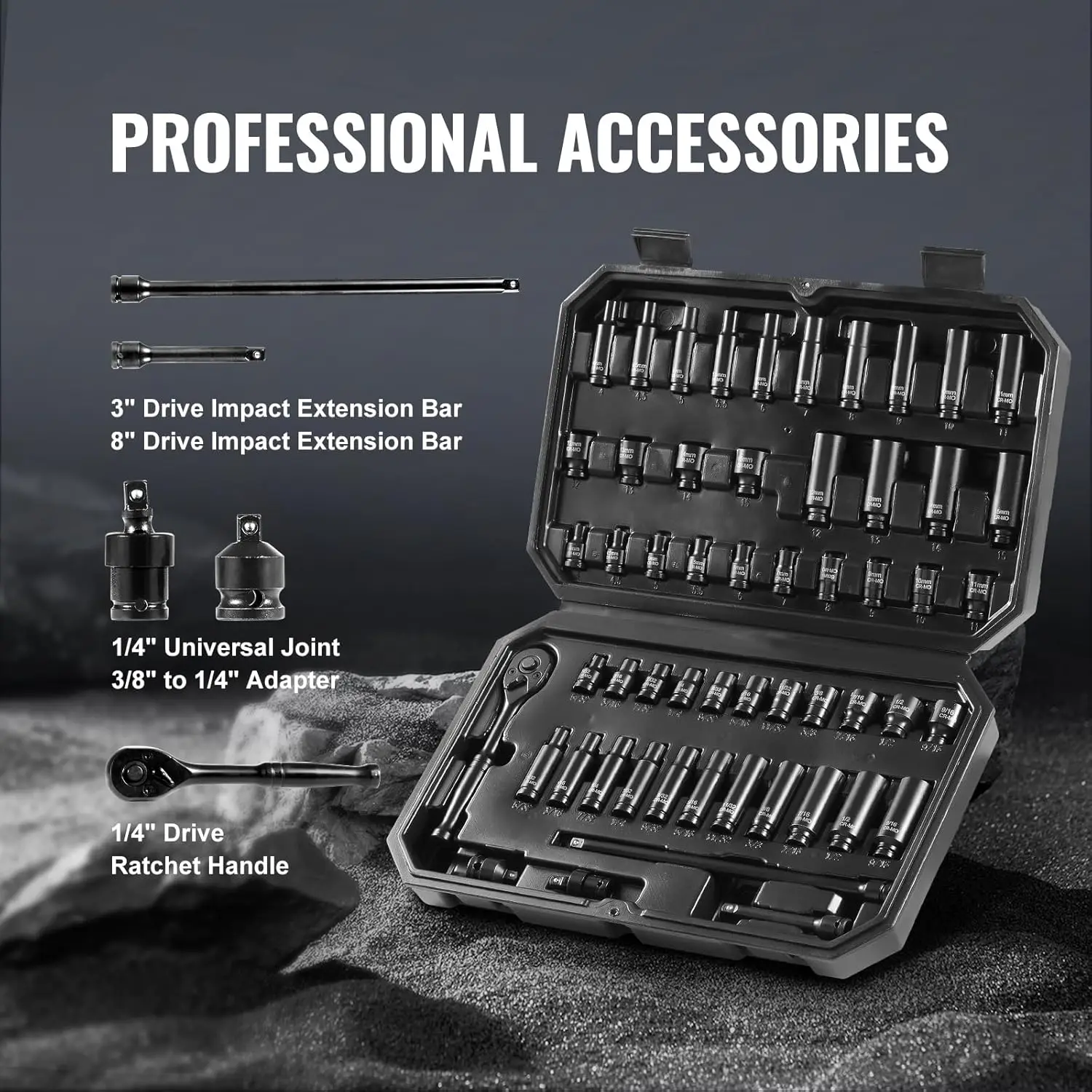 مجموعة مقابس الصدمات 1/4 بوصة، 55 قطعة، عميق وضحل، SAE ومتري، 6 نقاط، CR-V، تتضمن تمديد، وصلة عالمية، مخفض #4