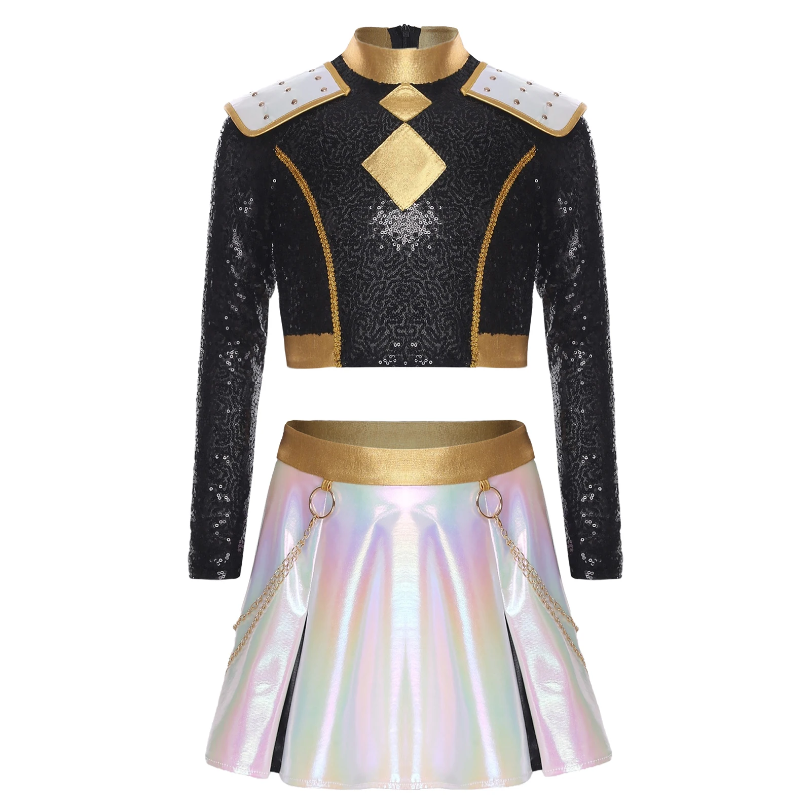 

Girls Halloween Demon Cosplay Outfit Anime Character Iridescent Gloss Contrast Color Long Sleeve Chest Tassels Pullover+Skirt