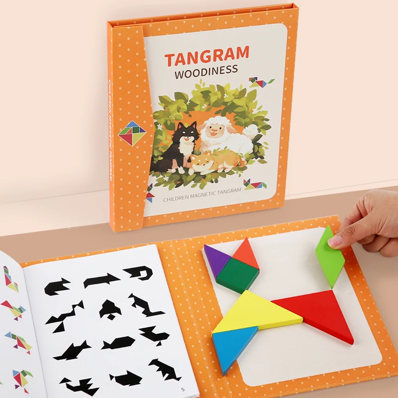 Kids Wooden Jigsaw Magnetic Tangram Puzzle Book Educational Toys Children Portable Montessori Learning Intelligence Baby Gift