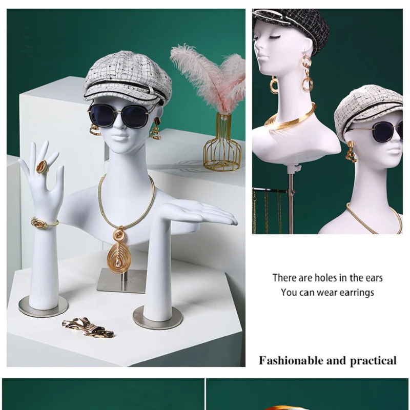 White Gold or Silver Female Mannequin Head with Hands For  Jewelry Display Stand Hat Wig Scarf Bracket