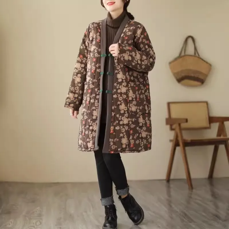 Oversized Vintage Floral Print Women Coat 2024 New Autumn Winter Cotton Linen Quilted Female Jackets Thick Warm Outwear Parkas