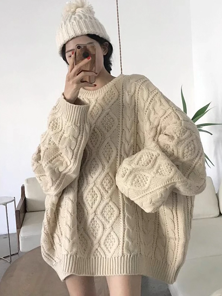 

Loose Knitted Sweater Autumn Winter Women's Faion Korean Sle Outerwear Lazy Sle Twist Long Sve round Ne Coat