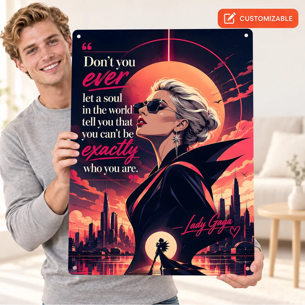 Affiche en métal texturé avec citation de Lady Gaga, panneau en aluminium personnalisé, illustration rétro, décoration murale pour une boutique de disques ou une salle d’écoute.